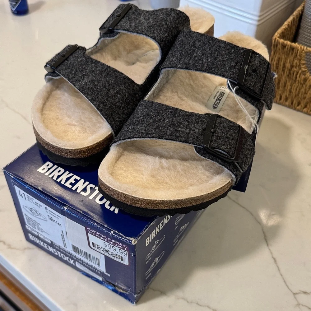 NWT Birkenstock Gray Wool Sherling Arizona Sandals 41 - Original Box - Picture 1 of 5